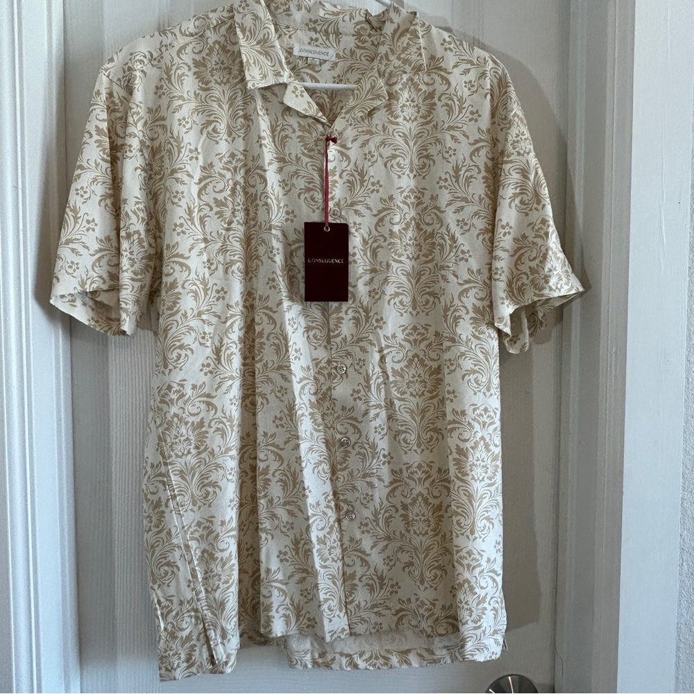 Men's Consequence Viscose Cream and Brown Floral‎ Patterned Shirt, NWT, Medium
